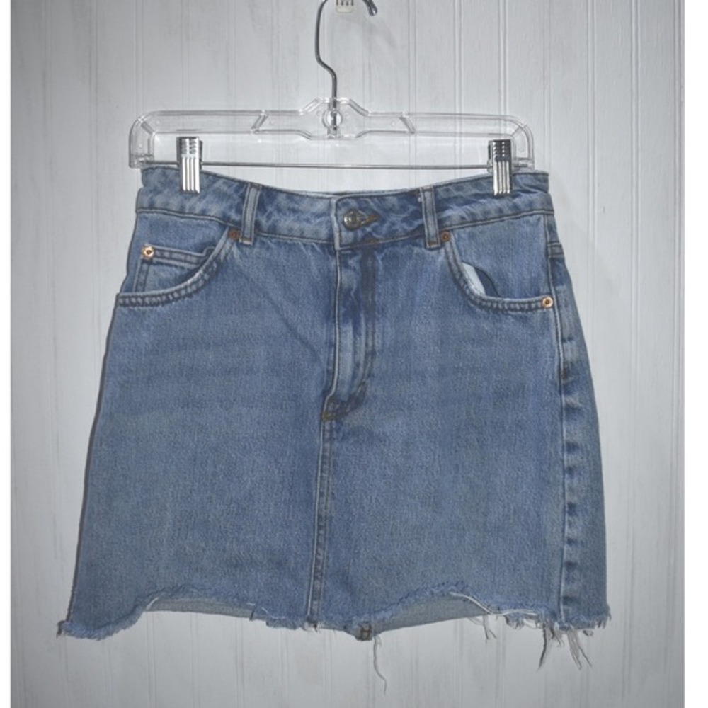 Topshop Moto‎ Denim Mini Skirt Frayed Hem Blue Jean Skirt Size 10